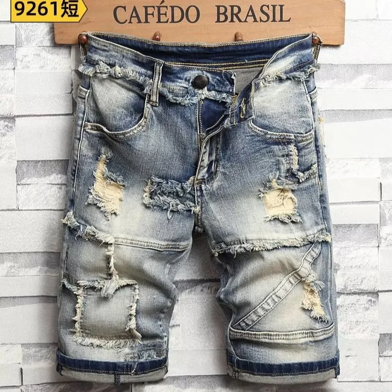 Men's Summer American Style Denim Shorts Elastic Mid Length Ripped Distressed Five Point Slim Fit Short Pants