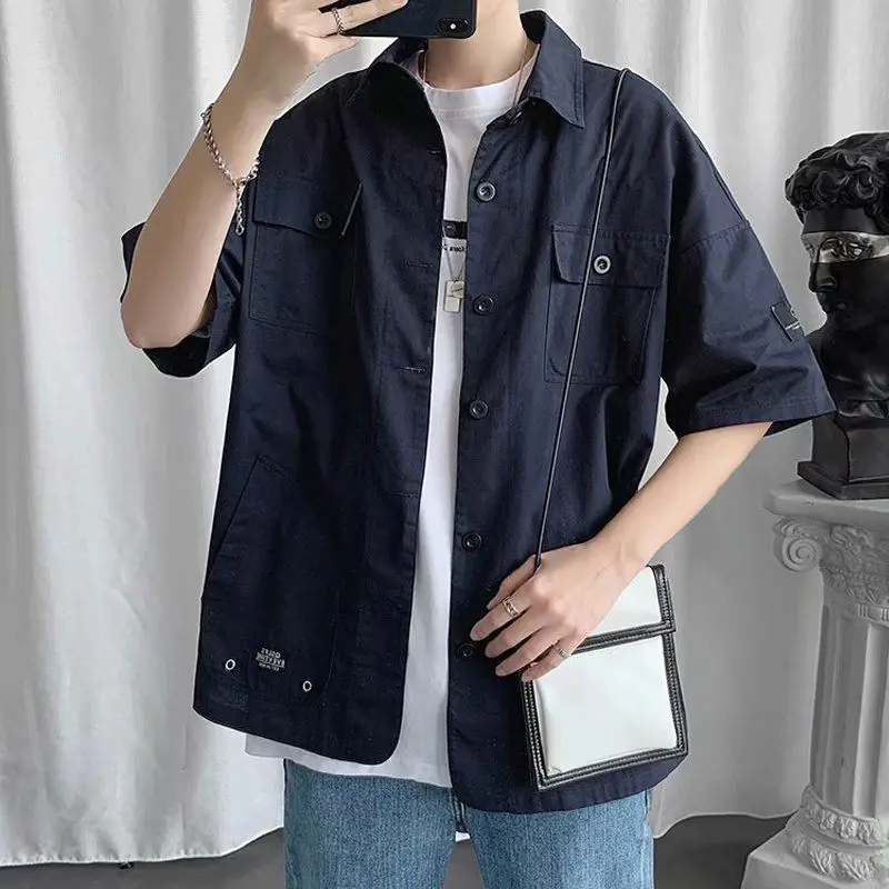 Elegant Fashion Shirts Loose Solid Patchwork Casual Turn-down Collar Short Sleeve Pockets Spring Summer Thin Men\'s Clothing 2023