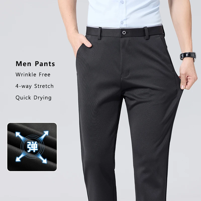 Trendy Mens Dress Pants Casual Business Commuter Pants Black Wrinkle Free Trousers Navy Blue Stretch Pants