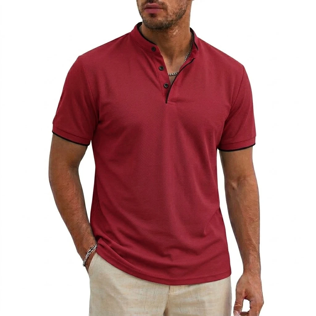 Men Short Sleeve Henley T-Shirt Summer Casual Solid Button-up Shirt V Neck Tee Fitness Breathable Classic Collarless Pullover image 5