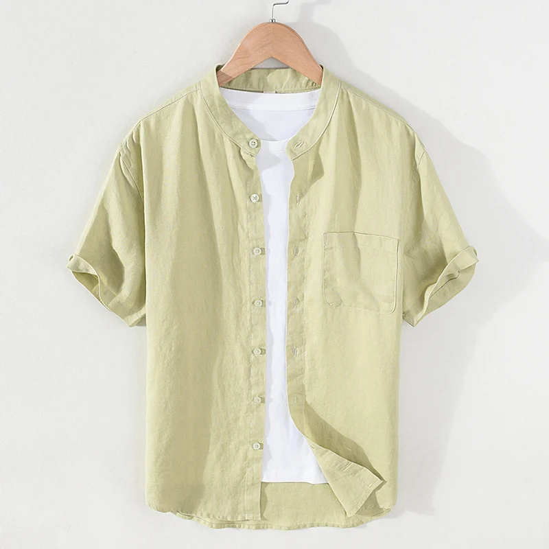 Natural Linen 100% Shirts For Men Short Sleeved Pocket Exquisite Summer Quality Skin-Friendly Breathable Solid Camisas De Hombre