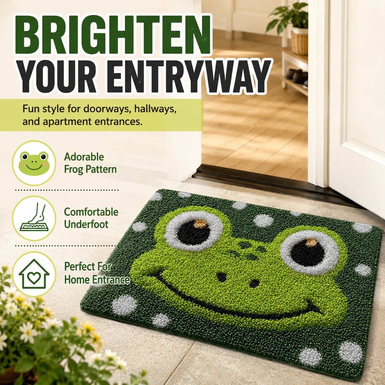 Playful Frog Polka Dot 2D Flat Printed Felt Floor Mat Cute Animal Entrance Rug Washable Indoor Porch Carpet Home Decor