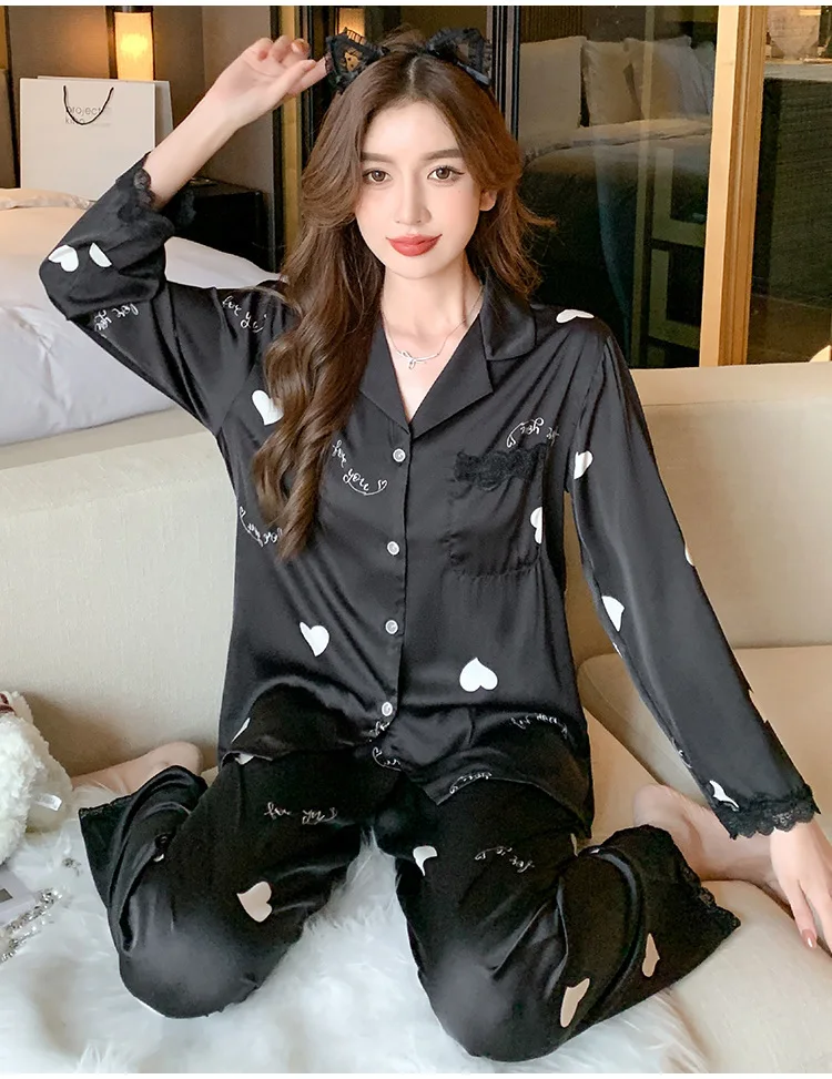 New Pajamas Spring Autumn Faux Silk Pajama Sets Long Sleeve Cardigan Sleepwear Korean Lapel Women Pijamas Heart Print Loungewear