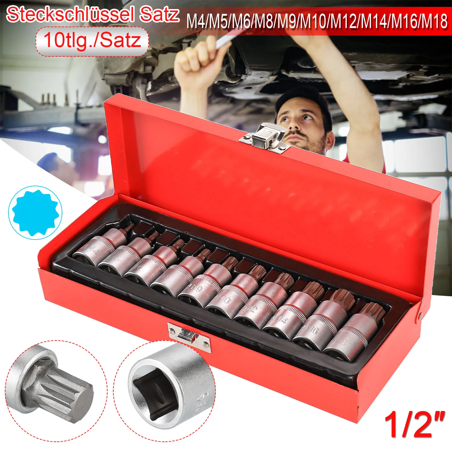 10 pièces manchons multi-dents M4-M18 chrome vanadium manchon en acier multi-taille 1/2 "tête d'entraînement jeu de douilles haute dureté/couple fort