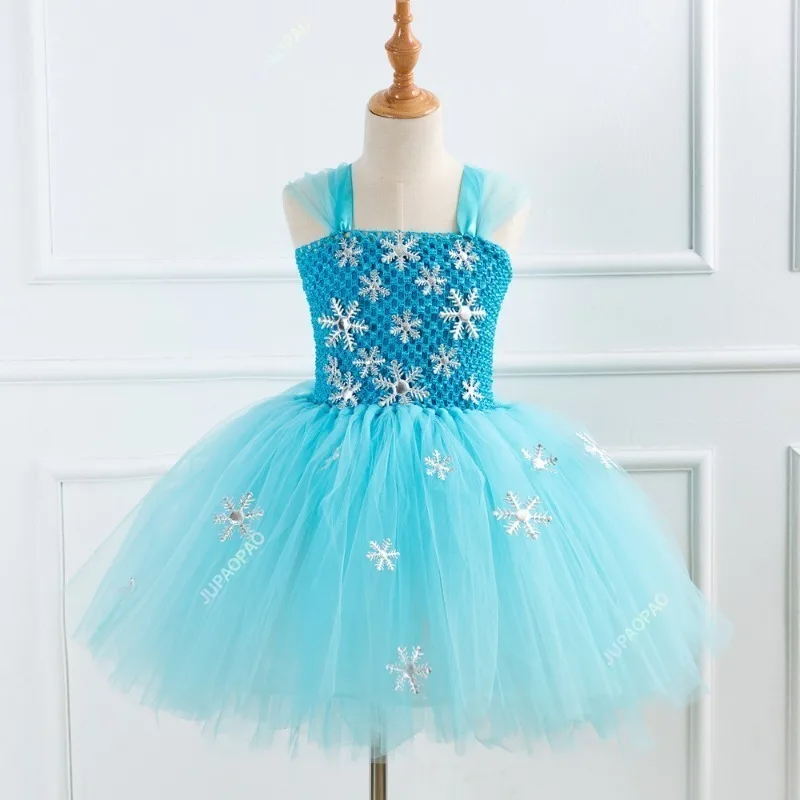 New Blue Princess Dress for Girls Snow Queen Tutu Dress Up Costumes for Kids Girl New Year Clothes Snowflake Christmas Outfits