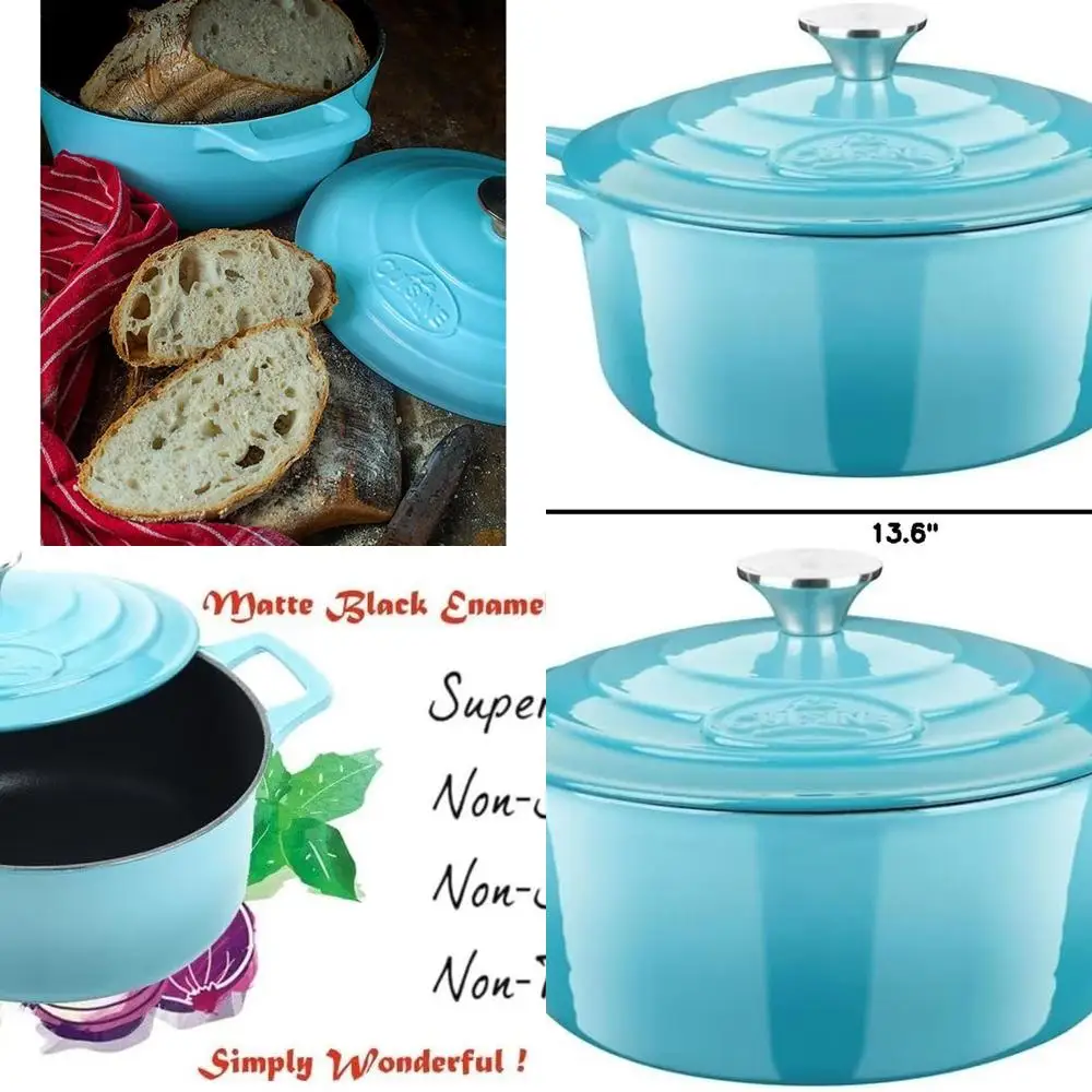 

5-Quart Matte Black Enamel Dutch Oven with Teal Exterior - La Cuisine Cast Iron Casserole Pot
