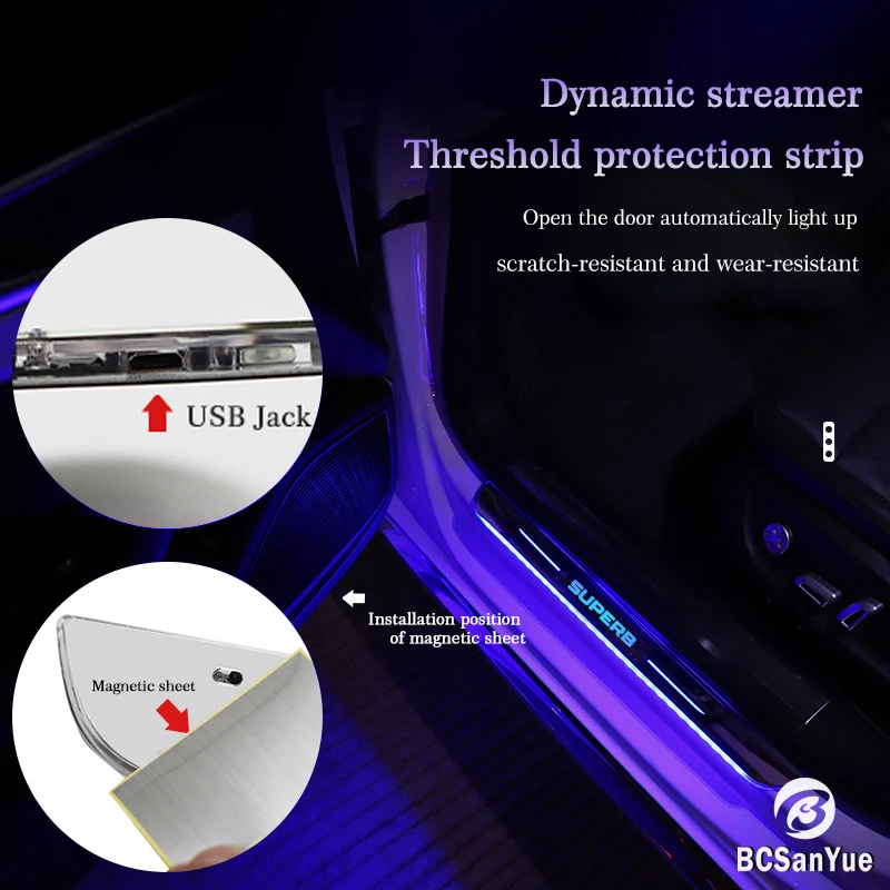 Customized Car Door Sill Strip Light for Skoda Superb Logo Ambient Lamp USB Welcome Power Moving LED Car Scuff Pate Pedal