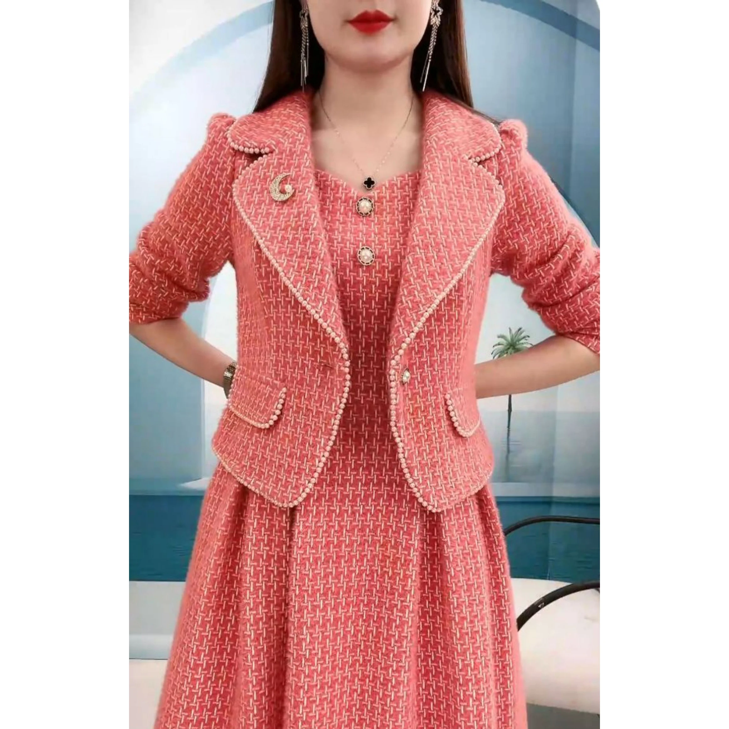 2023 Spring Autumn New Fashion Two-piece Women\'s Korean Loose Suit Collar Elegant Waist Slim Blazer Jacket+Dress Female Clothes