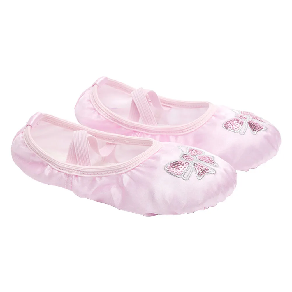 1 paio di ballerine in raso con cintura elasticizzata ricamata, scarpe da ballo con suola divisa antiscivolo per balletto con nastro rosa taglia 28