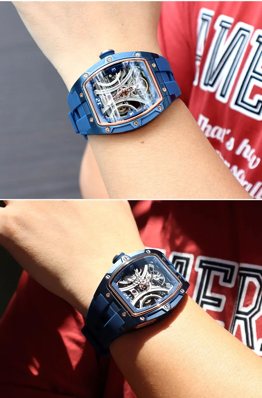 MEGIR Sport-Stil, automatische mechanische Uhr für Herren, voll hohl, transparentes Zifferblatt-Design, Edelstahlgehäuse, Silikonarmband – Detail 13