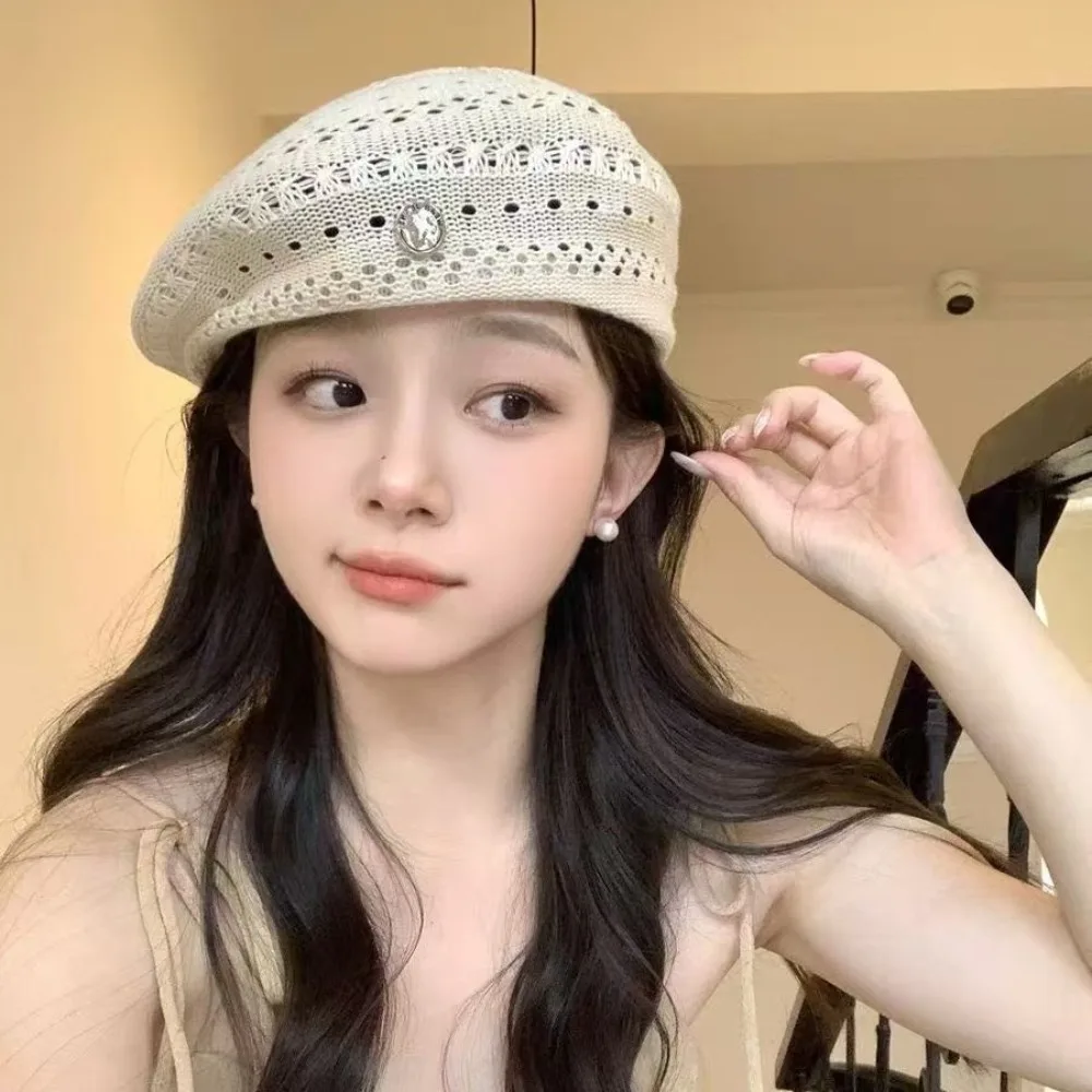 Japanese Style Hollowed Out Beret Hat Vintage Thin Weave Painter Hat Crochet Knitted Fresh Color Elegant Beach Cap Women Girls