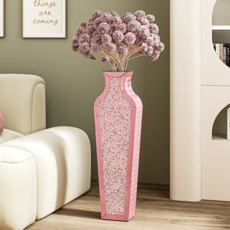 

Living room bedroom decorative floor vase crushed diamond mirror glass pink 26.8 tall for dried flower arrangements not for wat