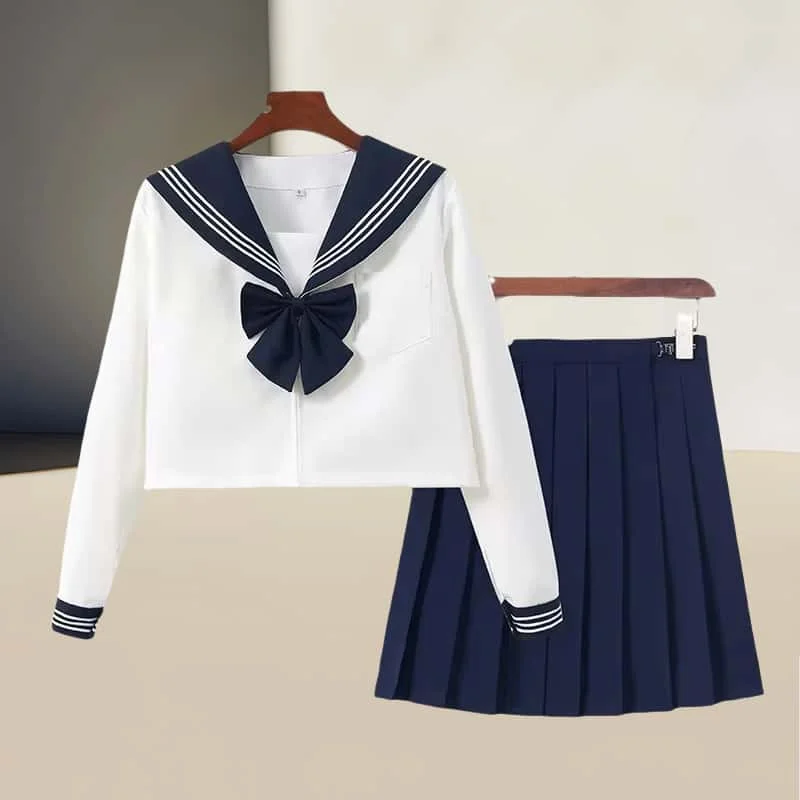 Top a maniche lunghe da marinaio stile college uniforme JK a tre libri con ricamo blu con gonna a pieghe per donna