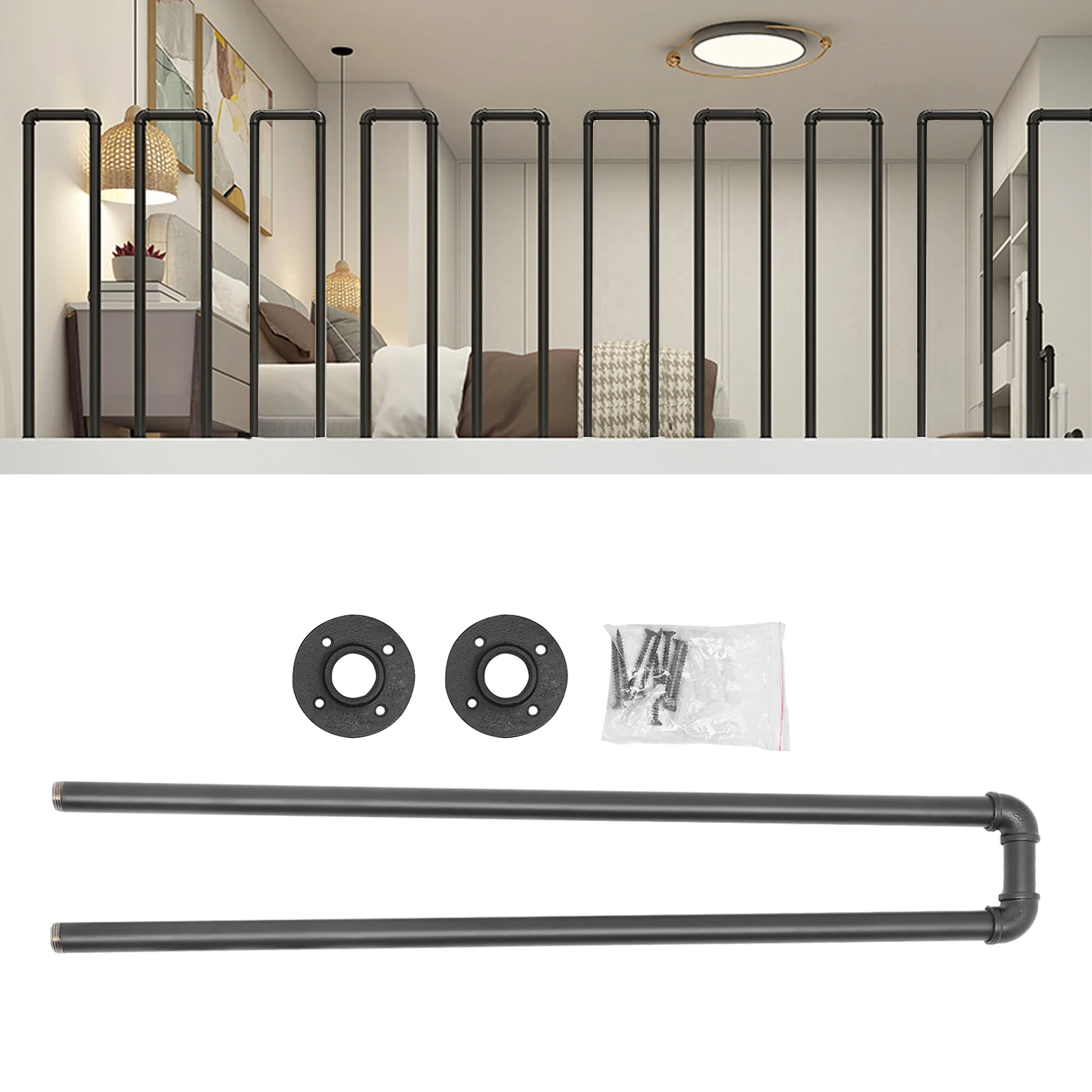 U-Shaped Stair Handrail Black 100cm/3.3ft Industrial Wrought Iron Railing Non-Slip Safety for Garden Loft Corridor Villa Hotel