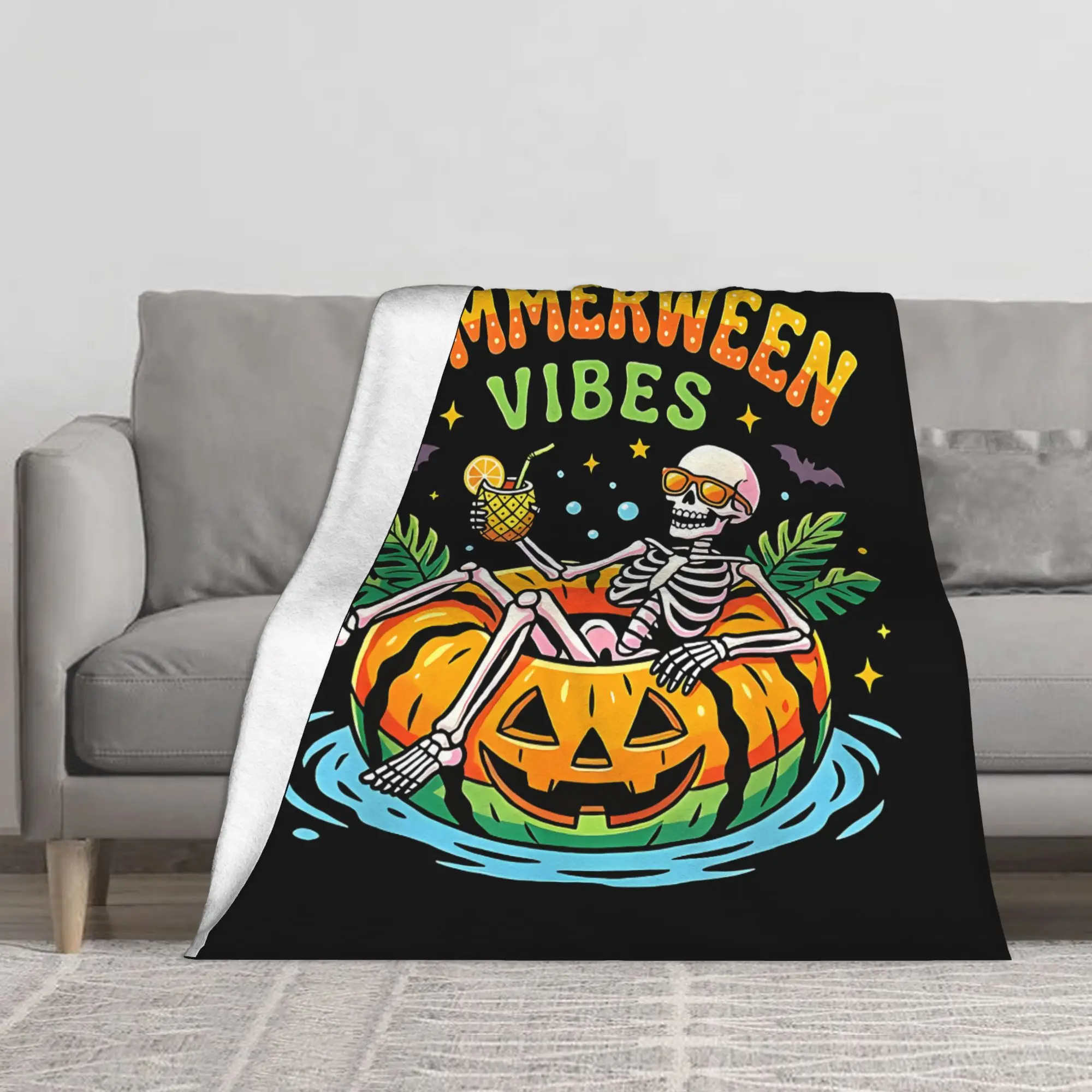 1PC Summerween Vibes Skeleton Pool Tropical Halloween Beach Party Winter Blankets for Adults Bedding Home Interior Sofa Knee