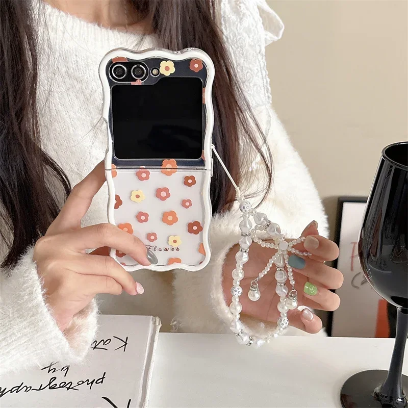 Phone Case For Samsung Galaxy Z Flip 6 5 4 3 Ins Flower Bracelet Wave Clear Shockproof Cover For Samsung Z Flip6 ZFlip6
