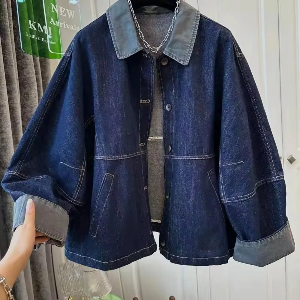 

Spring Autumn 2026 New Female Cowboy Coat Denim Jacket Women's Korean Loose Retro Stitching Lapels Casual Ladies Outwear Tops