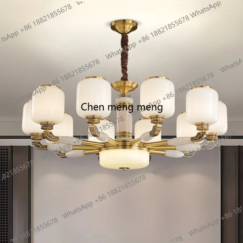 

All-copper American medieval French retro living room chandelier, jade main lamp, new Chinese style