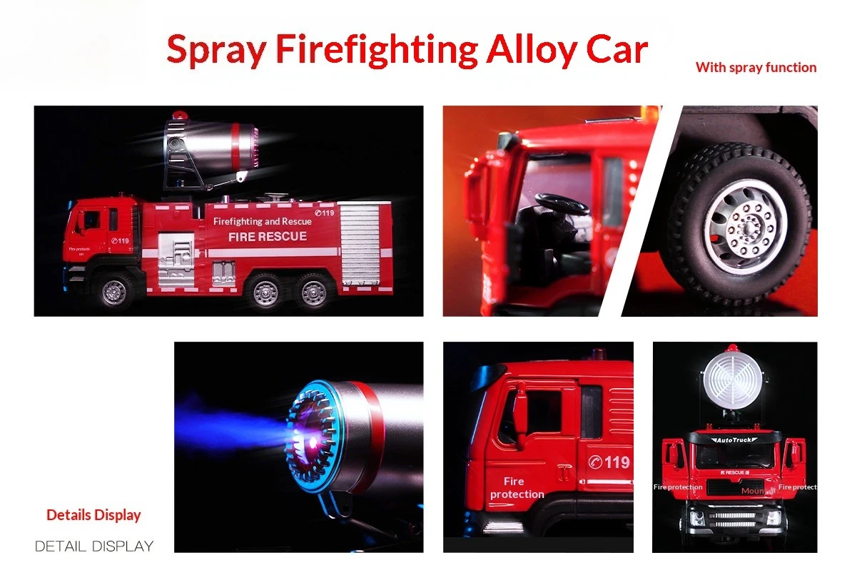 Coche modelo de motor de bomberos de aleación 1:50 50001P, vehículo de juguete de agua pulverizada con luz de sonido de simulación para niños