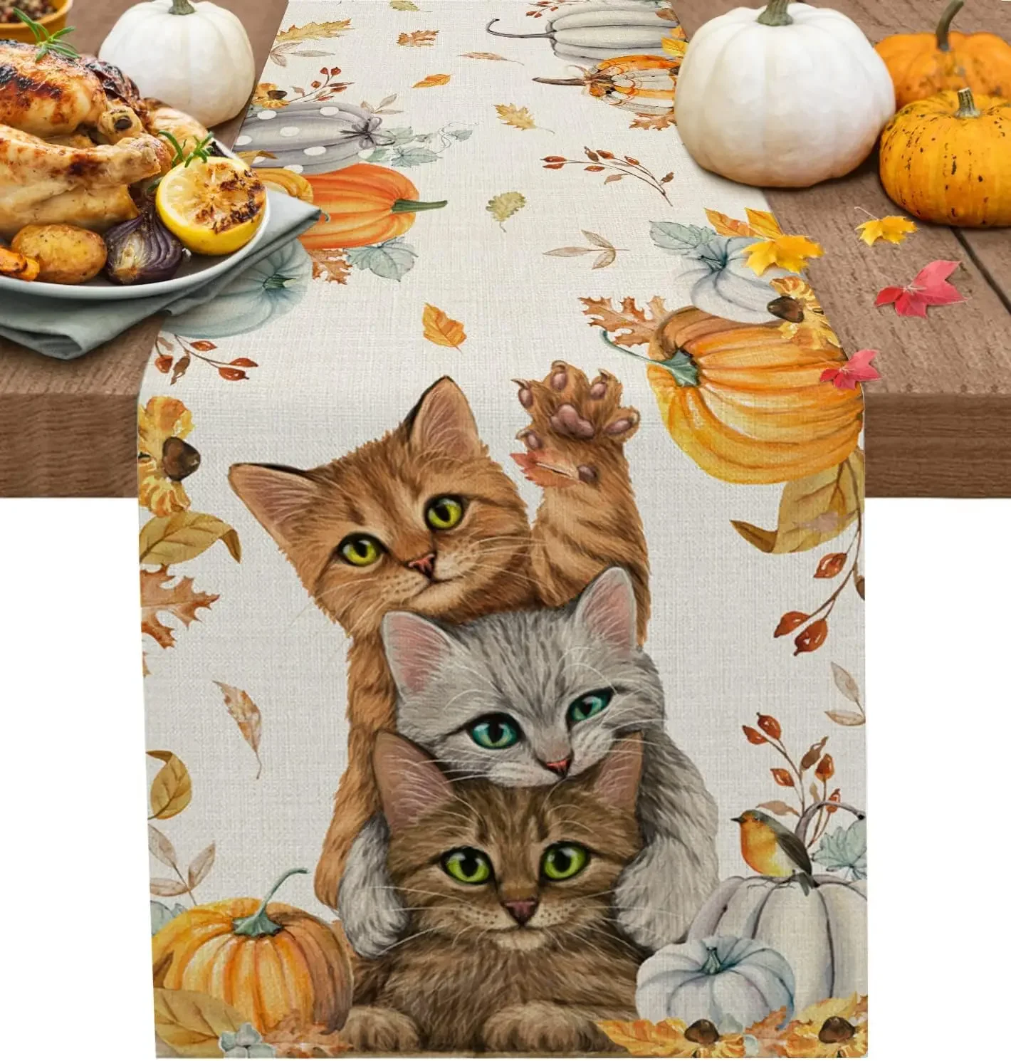 Fall Maple Leaf Linen Table Runners Thanksgiving  Cats Pumpkin Flower Bird Autumn Dresser Scarf Kitchen Party Dining Table Decor