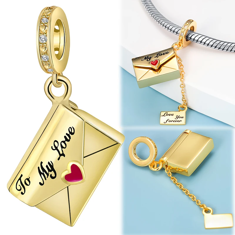 925 Sterling Silver Openable Love Letter Envelope Dangle Charm Engraved To My Love Red Heart Bead Fit Bracelet DIY Jewelry Gift