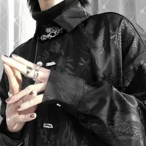 الحرير الجاكار الجاكار التنين نمط قميص للرجال عارضة فضفاضة مشبك معدني غير لامع أسود محايد جمالية النمط الصيني جديد أفضل 10 مبيعات قميص صيني - رقم 6