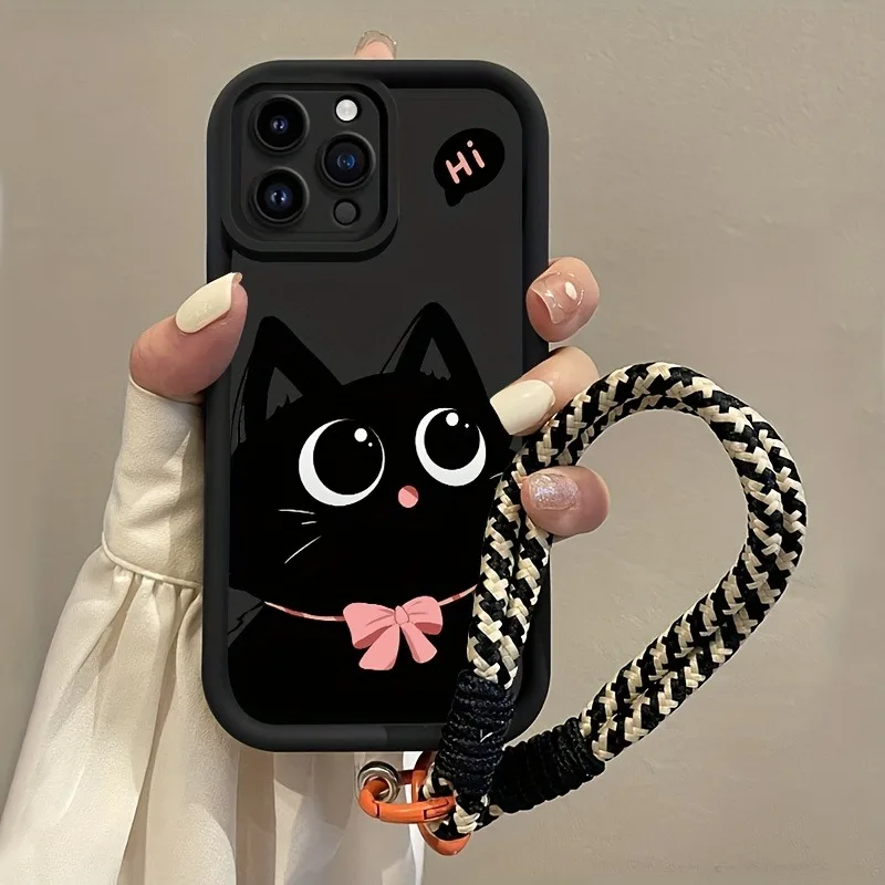 Niedliche schwarze Katzen-Silikon-Handyhülle mit Tragegurt für iPhone 11 12 13 14 15 16 17 Pro Max X XS XR 7 8 Plus 16E 17Air Weiche Hülle