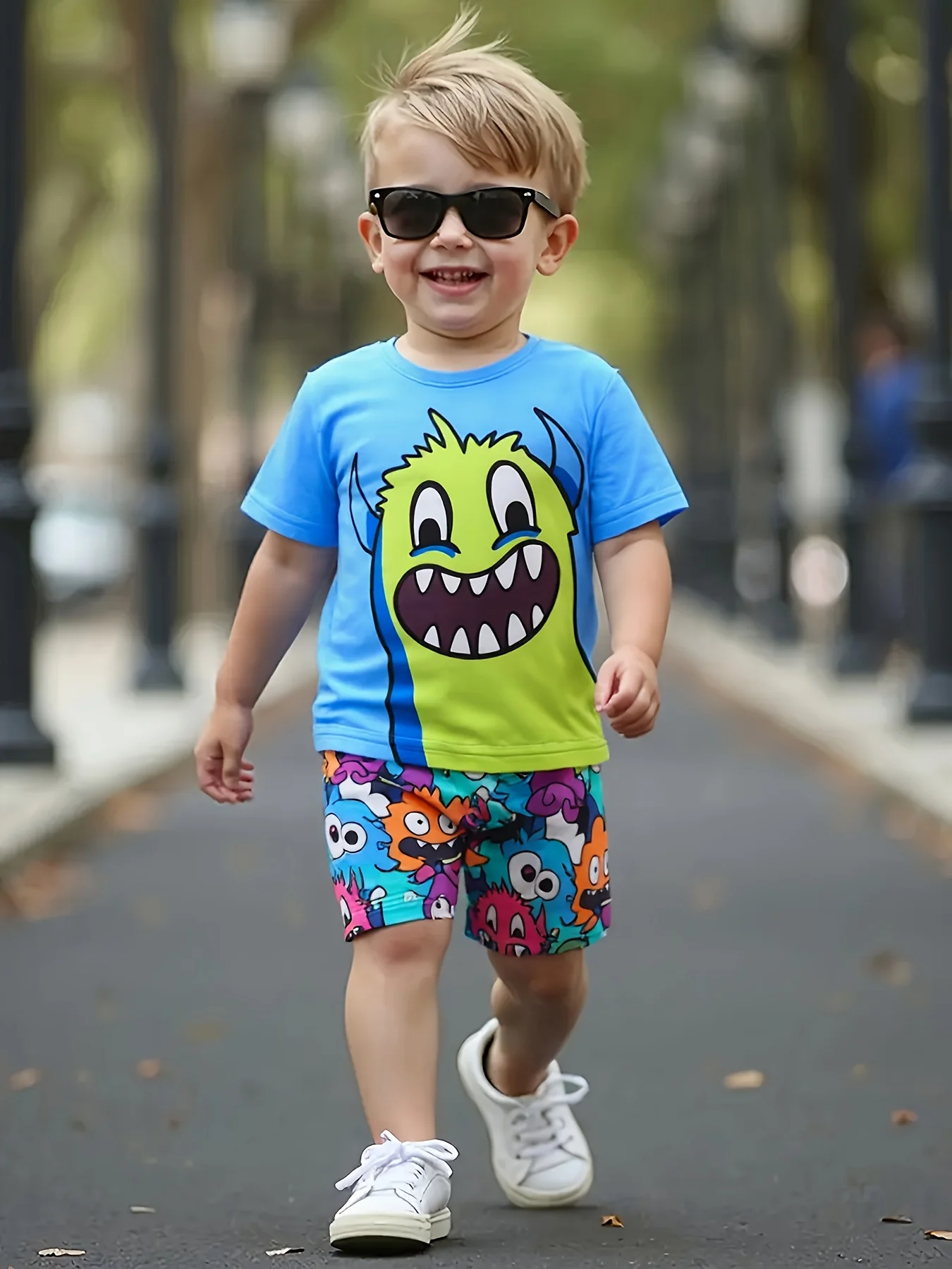 Summer Infant Toddler Boy round Neck Cartoon Print Short Sleeve Top And Full Print Shorts Cute Two-Piece Set for Babies