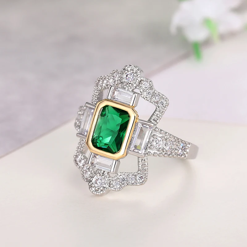 Huitan Vintage Two Tone Green CZ Finger Rings for Women Geometric Shape Hyperbole Rings Anniversary Party Retro Jewelry Dropship