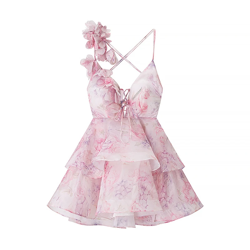 YENKYE Chic Bloemenprint Diepe V-hals Sexy Backless Sling Mini Jurken 2025, Verjaardag Straat Strand Feestjurken Vrouwelijke Vestidos