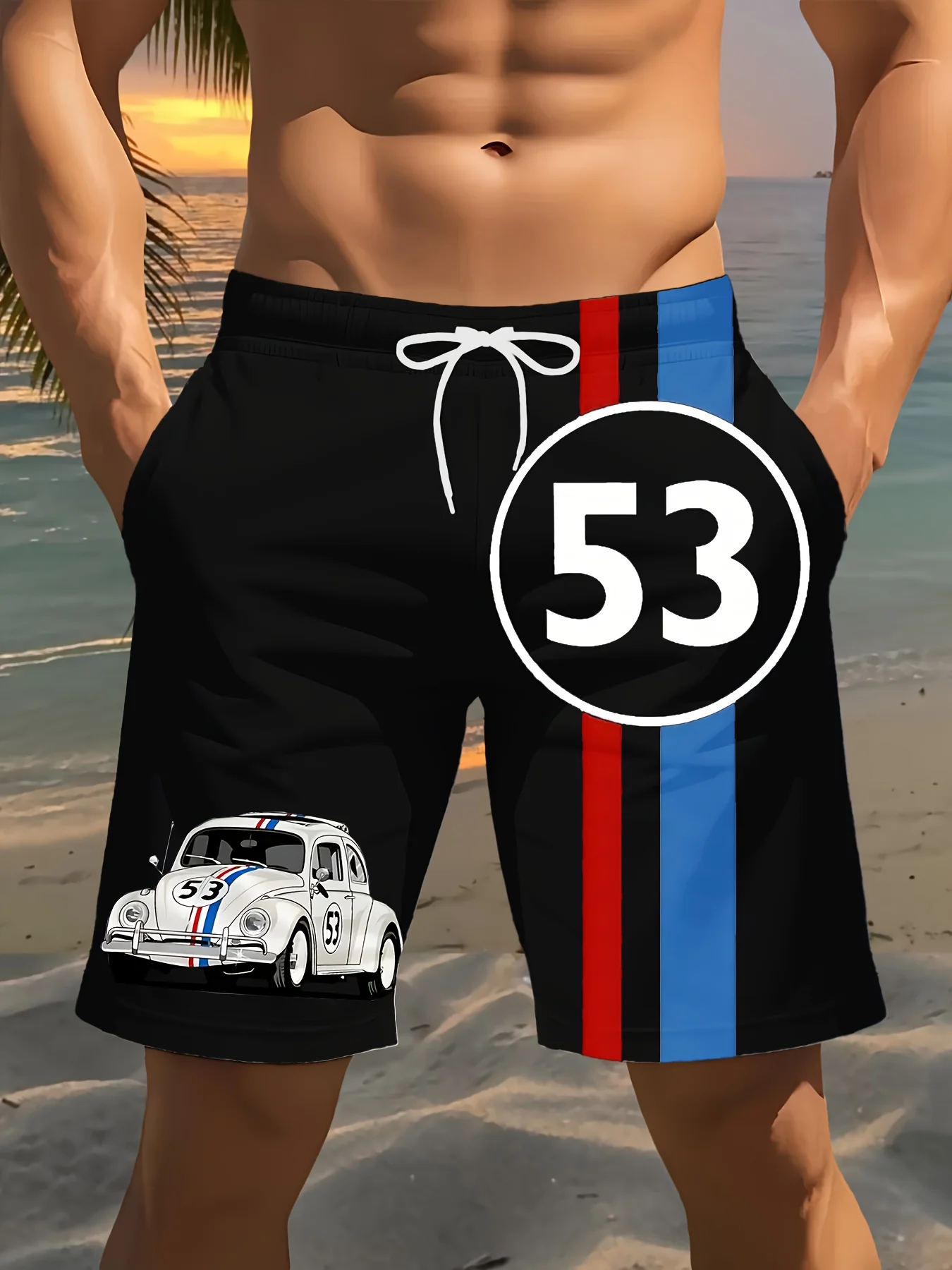 Pantaloncini da spiaggia da uomo nuovi 2025 3D Retro Racing Car No.53 Pantaloncini casual leggeri con grafica per pantaloni corti sportivi da basket estivi
