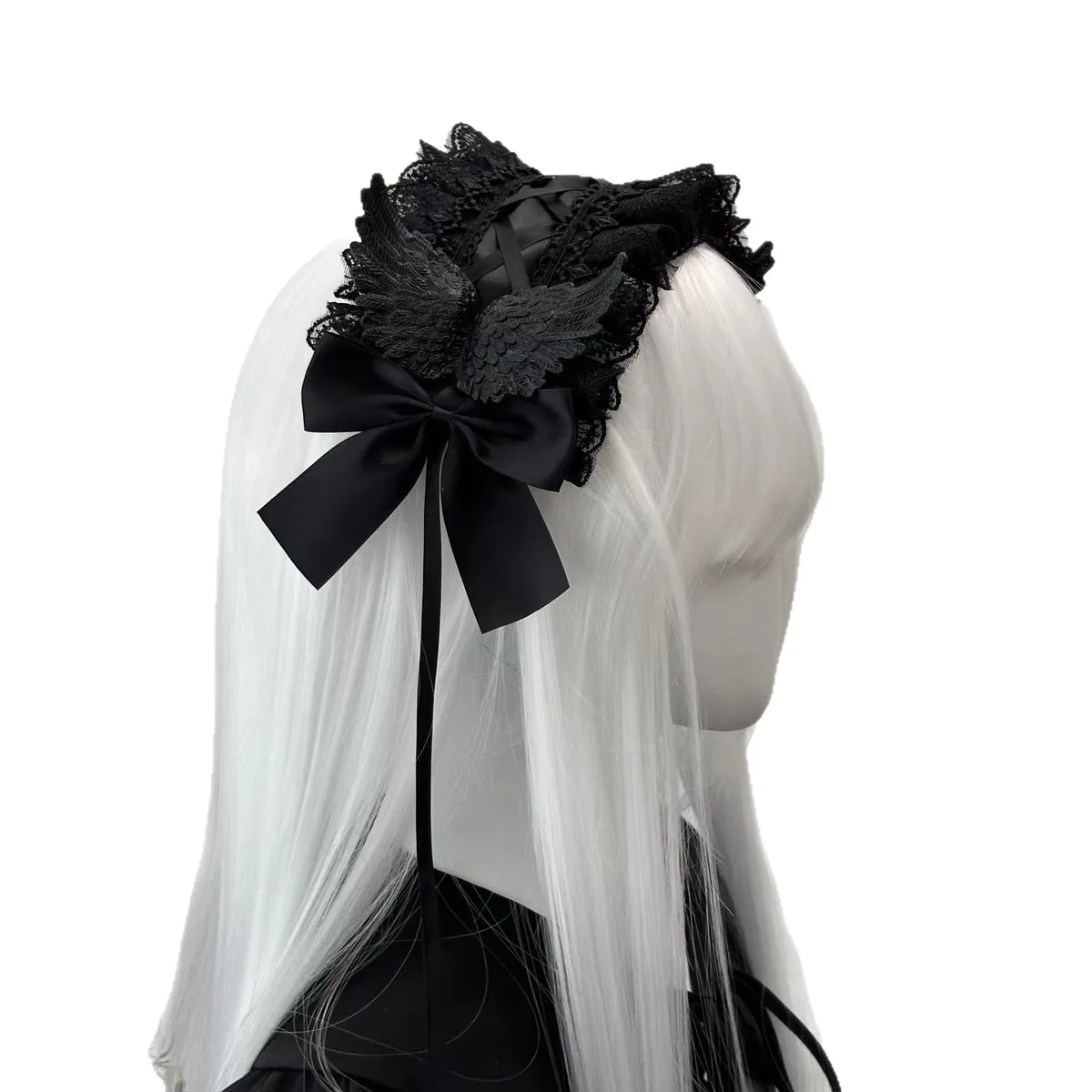 Gothic Angel Wings Maid Bonnet hairband Lolita Girl Cosplay Costume Accessories Retro Adjustable Ruffles Solid headwear  Women image 5