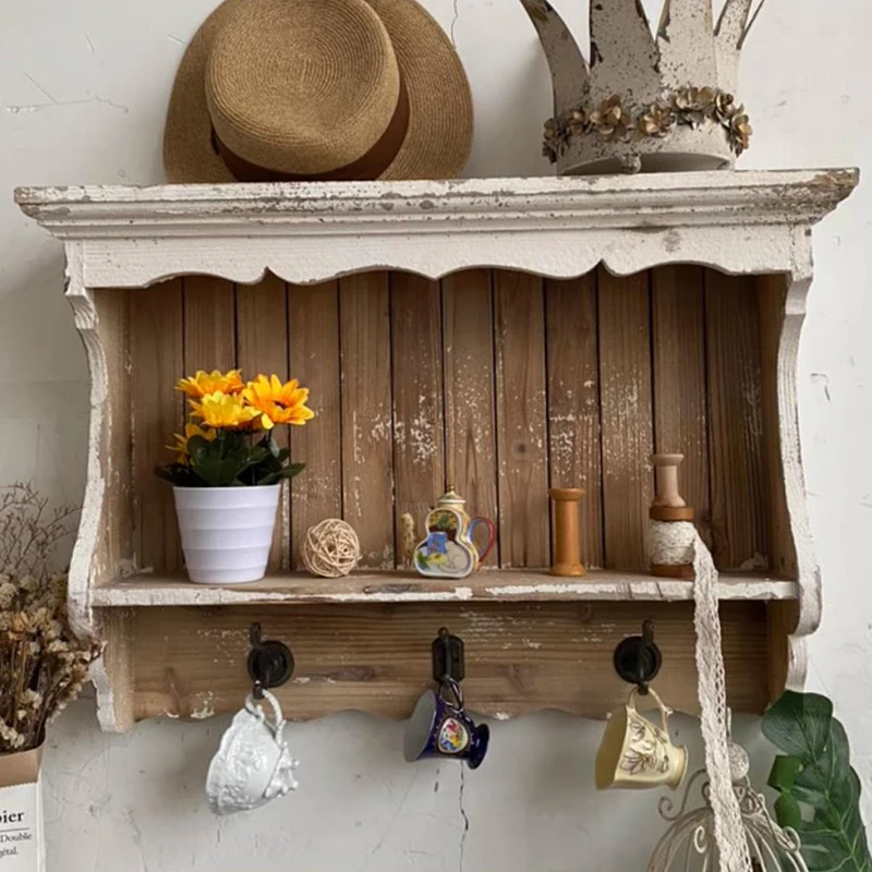 Decorative French Country Chic Vintage Wood White Wall Shelf with Hooks