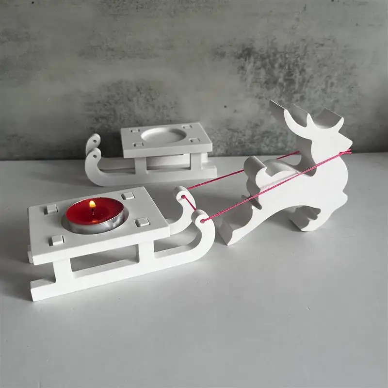 Elk Pull Christmas Sled Plugin Decoration Candle Holder Silicone Mould Christmas Ornament Pouring Cement Concrete Gypsum Mold ﻿