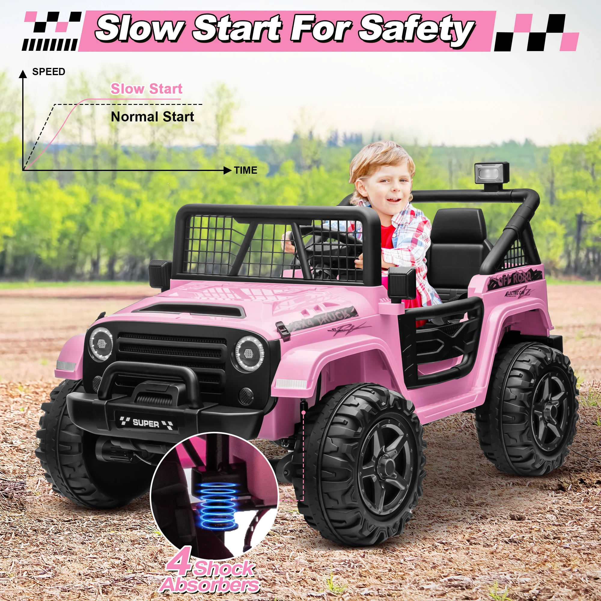 Coche de paseo XL de 24 V con control remoto, coche eléctrico conmutable de 2 plazas 4WD/2WD para niños con asiento de 20 pulgadas de ancho, flor de regalo,