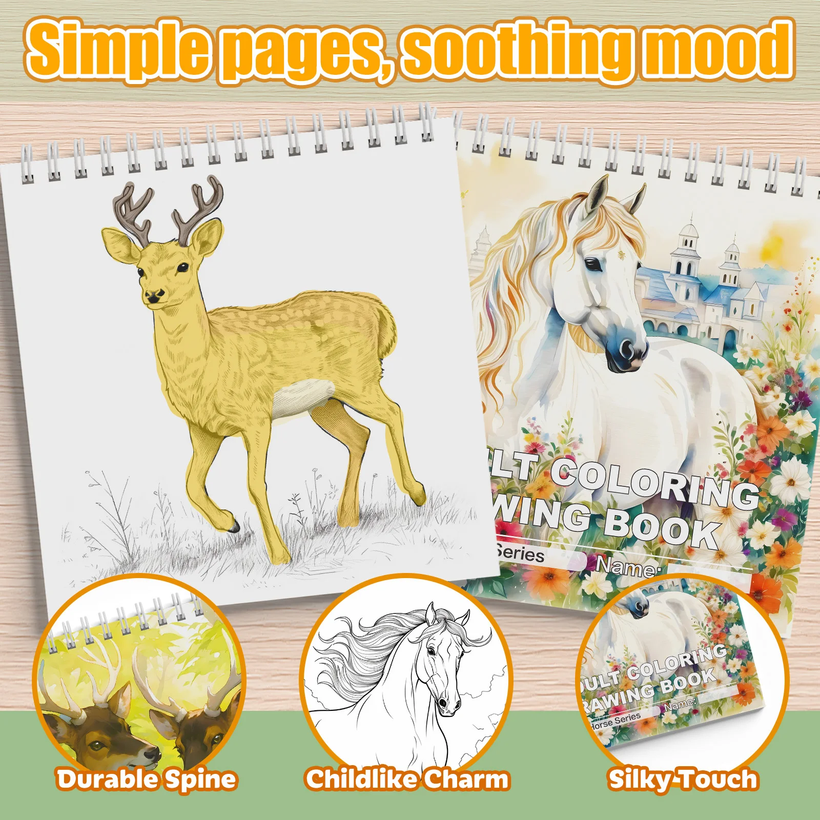 Animal Adult Coloring Book Set 2-Pack: Horse & Deer Coloring Drawing Books, Top Spiral Bound, 30 Pages Each