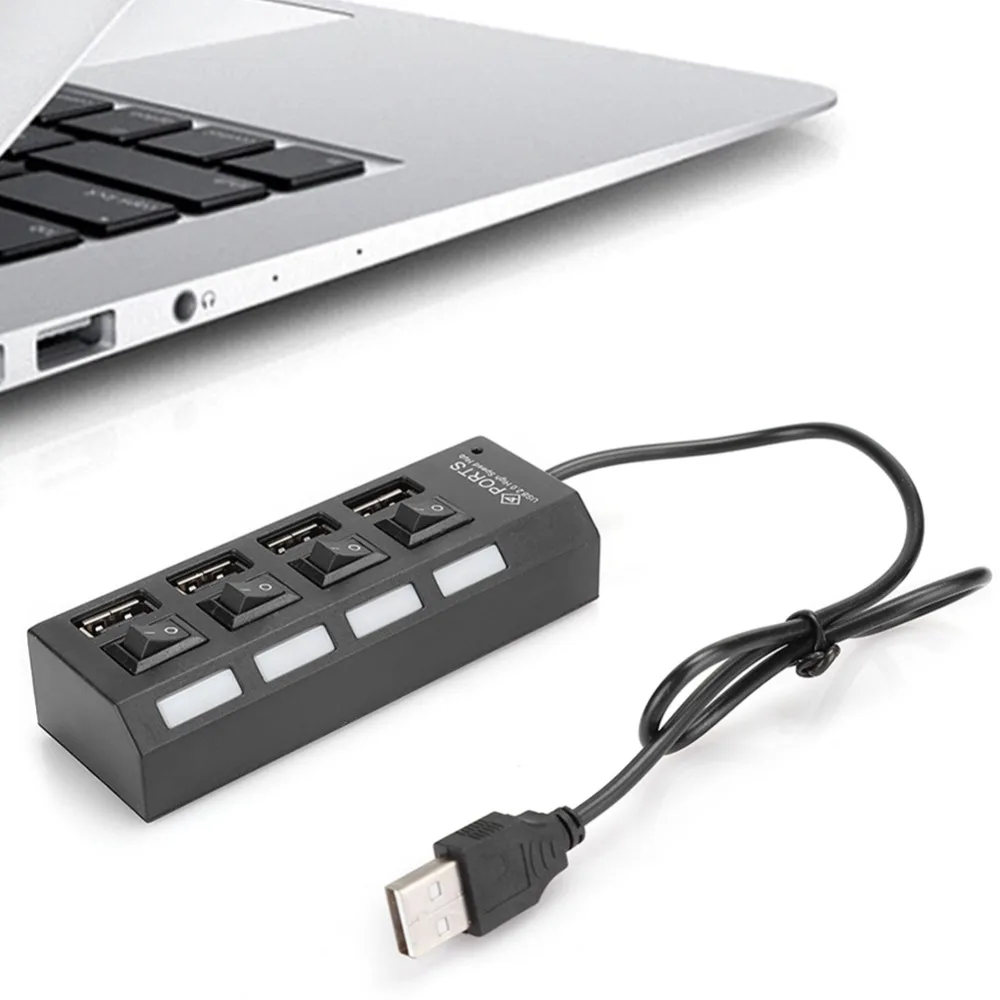Black 4 Ports USB2.0 Hub High Speed LED Indicators USB2.0 Splitter Plug and Play Multiport Adapter Gaming Setup