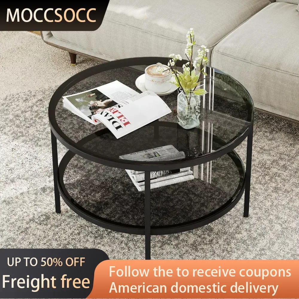 

Round Glass Coffee Tables for Living Room End Table 26.4" Modern Center Accent Table With Light Black Glass Bedroom Freight Free