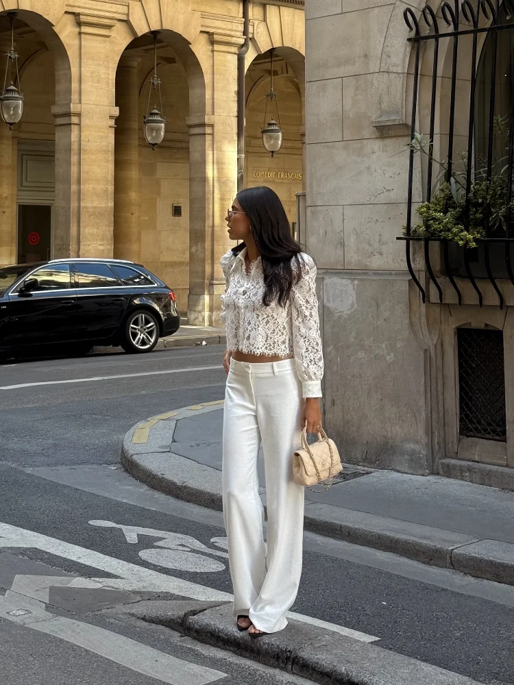 

Women Lady Elegant Lace See Through Shirt Fashion Lapel Full Sleeve Single Breasted Short Slim Blouse Daily Highstreet Shirt