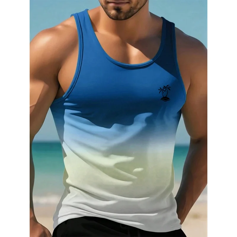 Cool Coconut Tree Pattern Tank Tops For Men Colorful Gradient 3D Printed Tees Summer Casual Loose Street Round Neck Vest Tops