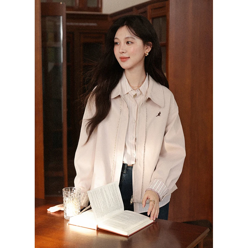 

ALXNAN Pink Short Jacket Women 2025 Autumn Casual Zipper Embroidered Cuffs Striped Stitching Jackets Loose-fit Female Top L57721