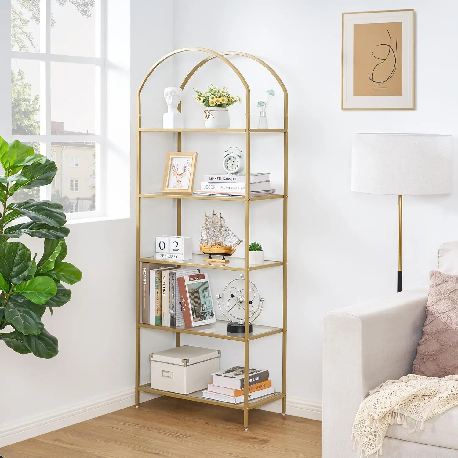 

5-Tier Bookshelf Arched Display Racks, Metal Bookcase, Tempered Glass Shelves, Storage Rack Shelf for Home Office