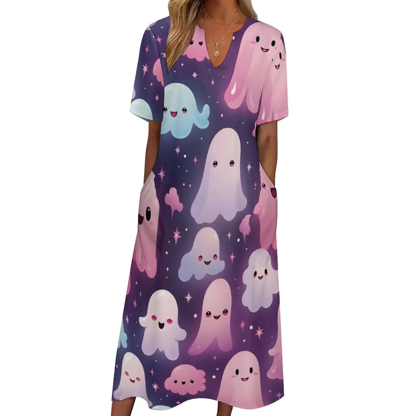 

Cartoon Pink Ghost Dress Summer Funny Halloween Aesthetic Boho Beach Long Dresses Female Party Maxi Dress Gift