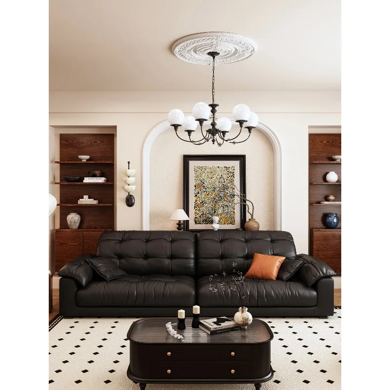 Wind black sofa leather sofa straight row light luxury high-end living room brown sugar sofa new furniture