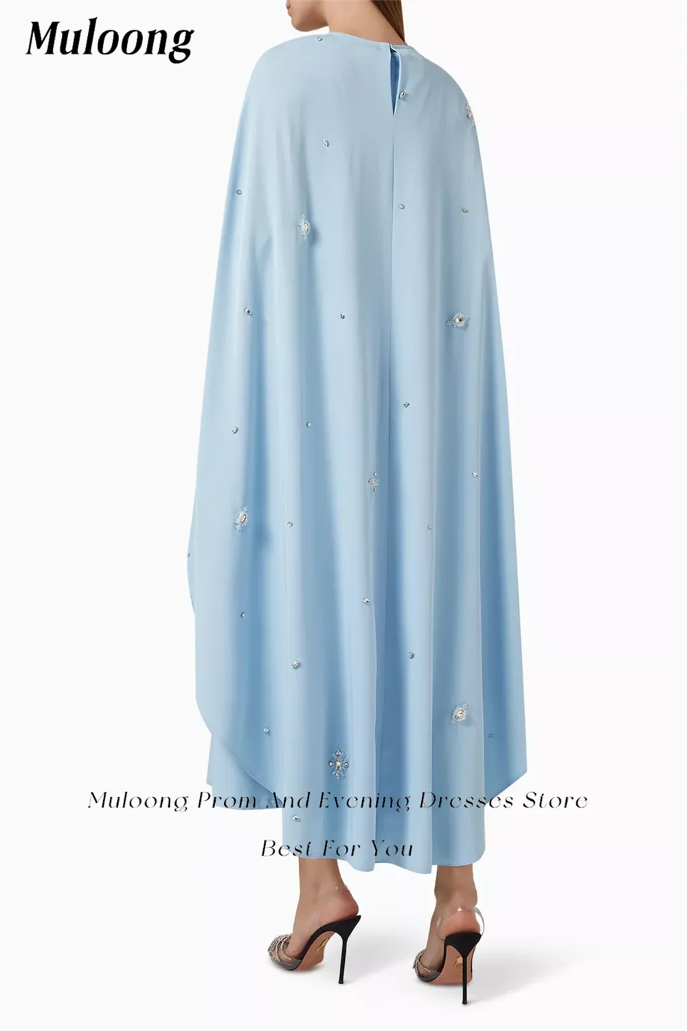 Muloong Blue O Neck A Line Maxi Dress Asymmetrical Smock Ankle Length Classic Evening Dress Crystal Saudi Aribia Prom Gown