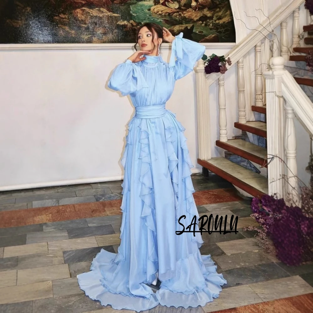 Light Blue Chiffon A Line Women Evening Dress Classy High Neck Romantic Ruffles Prom Gown Customized Simple Fashion Party Wear