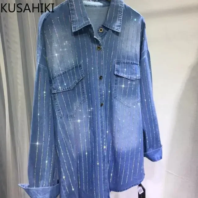 KUSAHIKI Fashion Diamonds Medium-long Blouse Cardigan Coat Causal Single Breasted Turn-down Collar Shirt 2023 Autumn New Tops