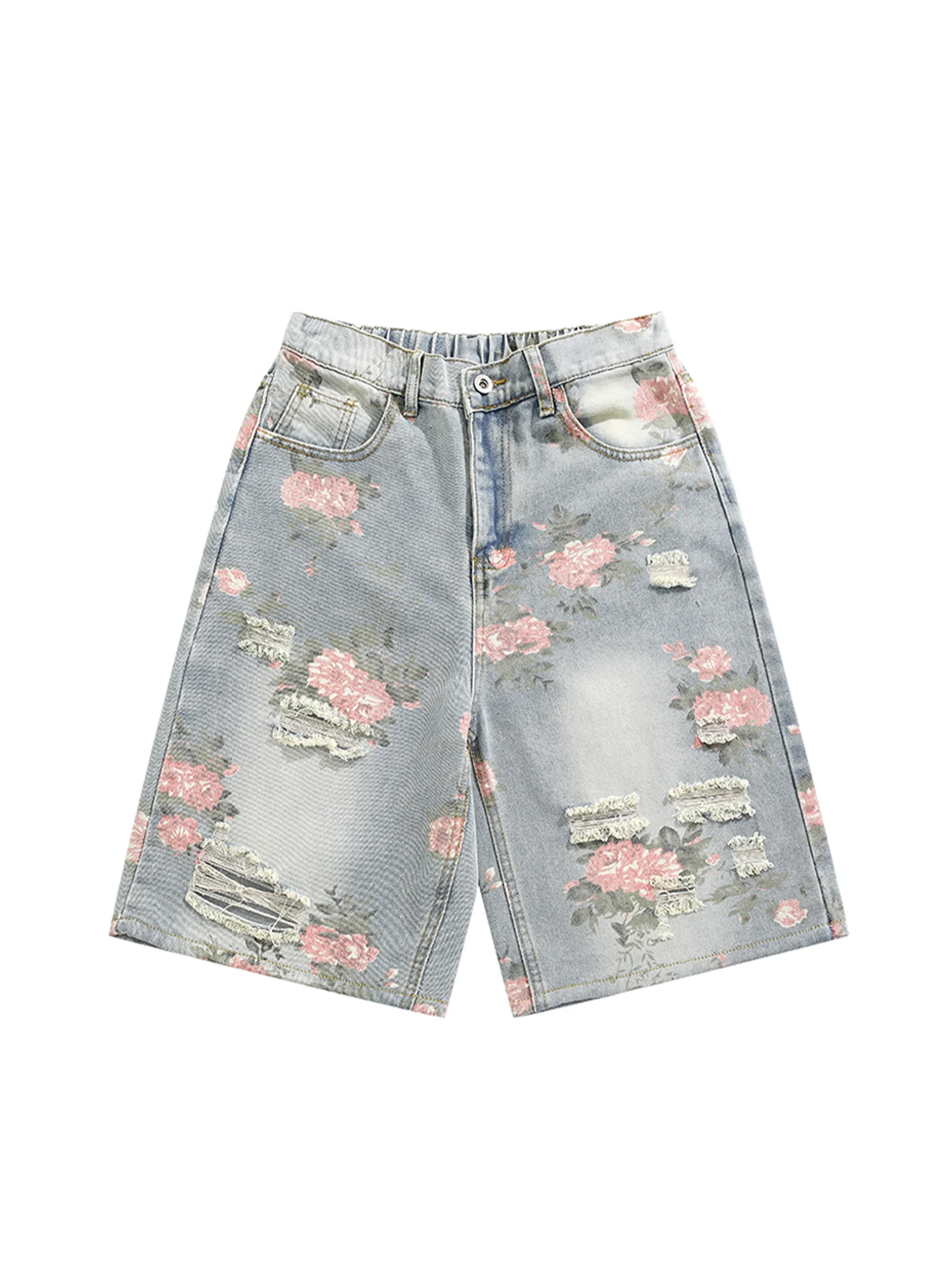 المرأة الأزرق ممزق الدينيم السراويل 2000s Y2k كبيرة الحجم طول الركبة شورت جينز Harajuku خمر زهرة طباعة كاوبوي سراويل قصيرة #1