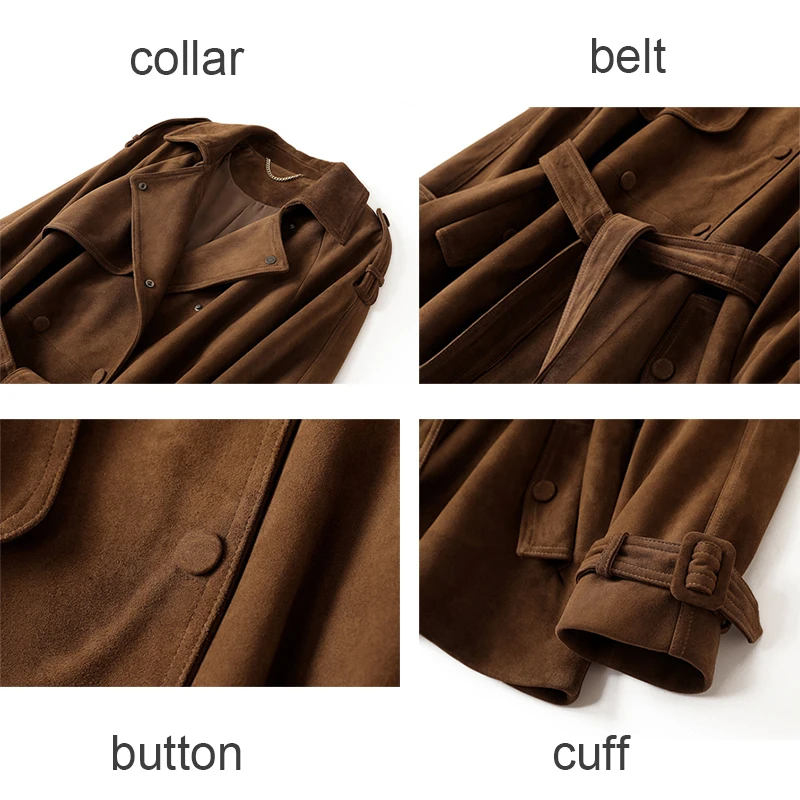 Real Suede Jacket for Women Autumn Winter Coffee Lapel Double-Breasted Belt Slim Medium to Long Genuine Leather Trench Coat
