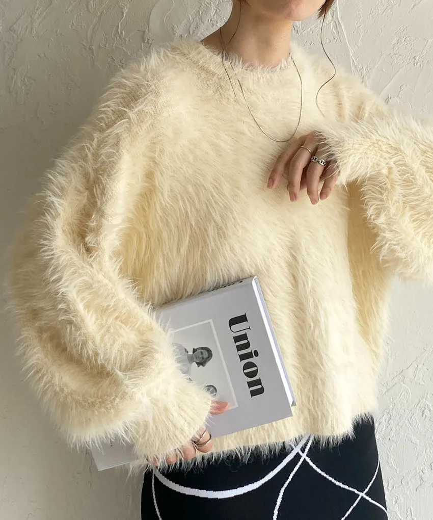 New Yellow Imitation Mink Fur Knitting Loose Sweater Autumn Winter Soft Mohair Lantern Sleeve High Elastic Pullovers For Women